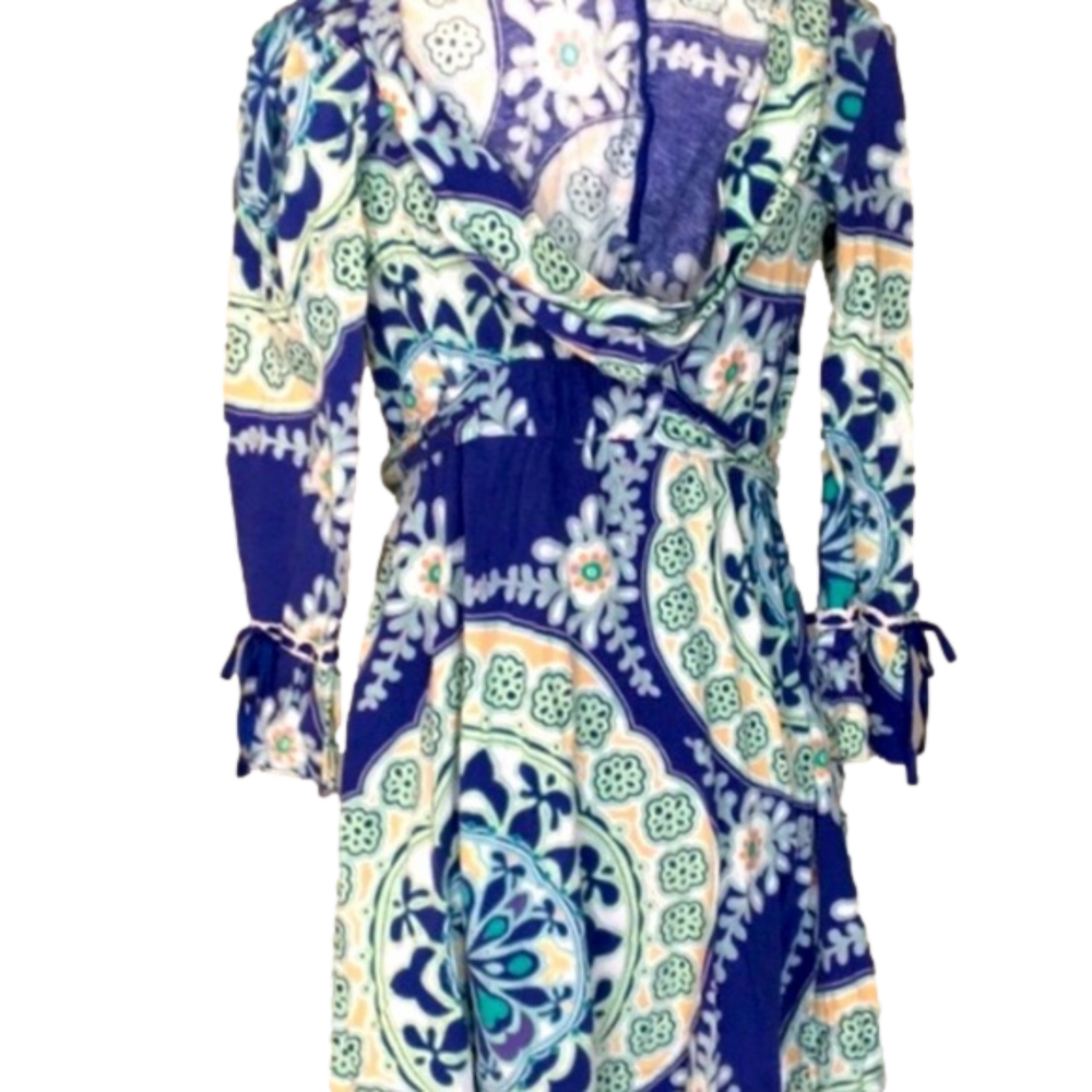 ANTHRO LILKA ANTHROPOLOGIE BOHO LONG SLEEVE DRESS BLUE GREEN RUFFLE COVERUP ROBE - Picture 6 of 9